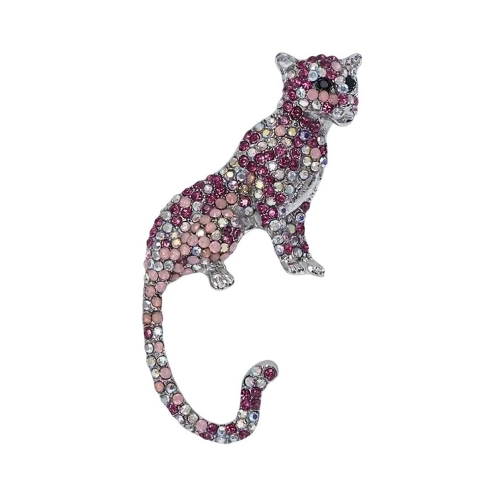 Pink Crystal Rhinestone Leopard Brooch Pin Silver tone